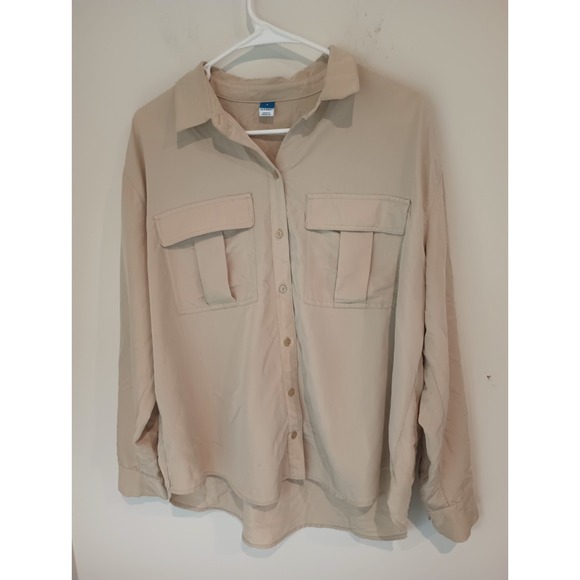 Old Navy Tops - Old Navy Women's Beige Tan Button Up Shirt Large Long Sleeve Utility Pockets